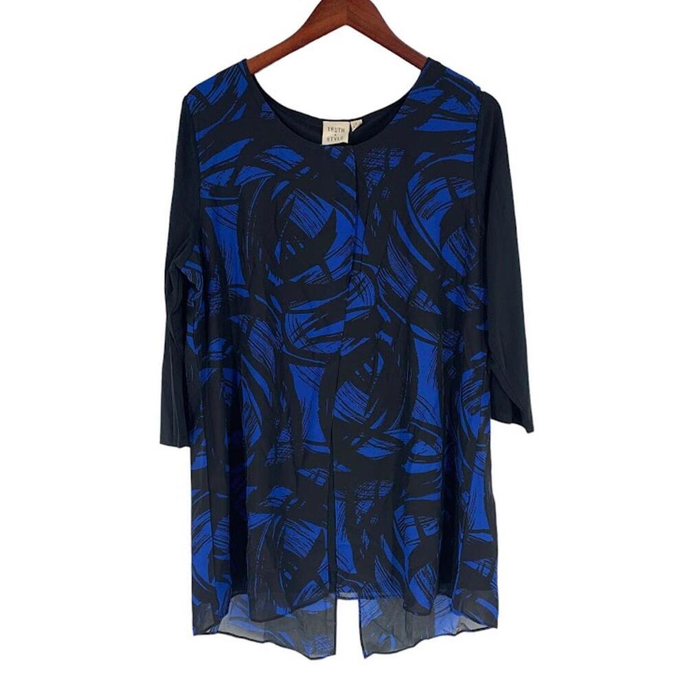 Truth + Style mix Media Printed Overlay 3/4 Sleeve Top Cobalt - Regular